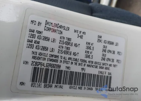 2002 Chrysler Town & Country Limited from USA, damaged, VIN 2C8GP64L62R682990